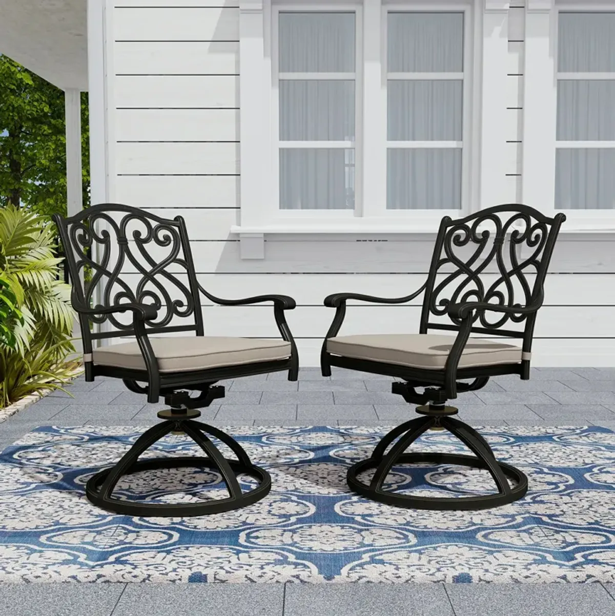 Mondawe 2-Piece Cast Aluminum Patio Dining Swivel Chair Set with Thick Olefin Cushions and 360� Rockers