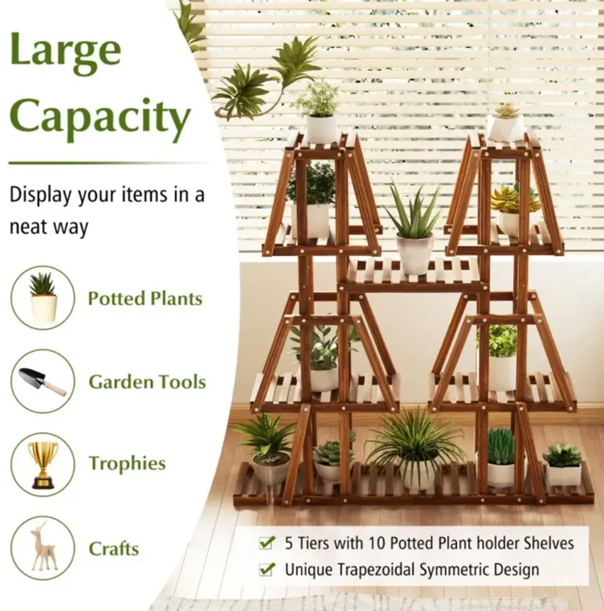 Hivvago 5-Tier 10 Potted Wood Plant Stand for Multiple Plants