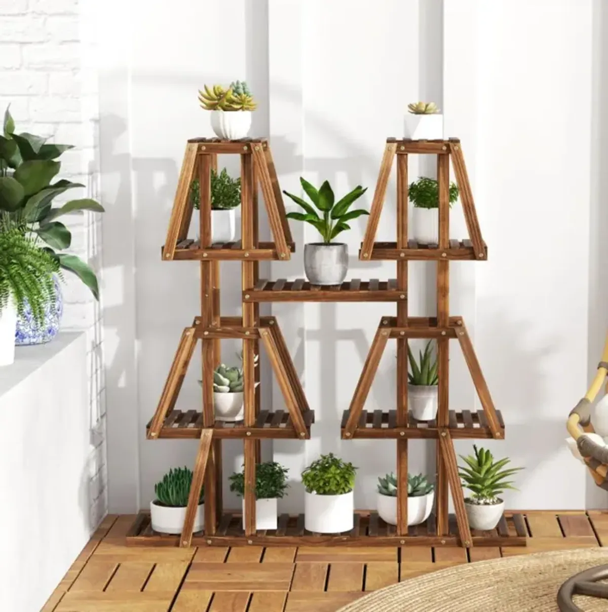 Hivvago 5-Tier 10 Potted Wood Plant Stand for Multiple Plants