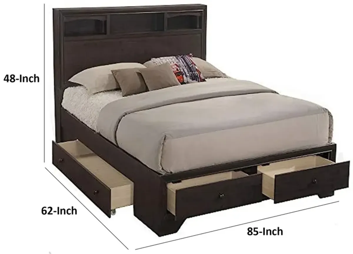 Queen Size Bed with 4 Storage Drawers, Bookcase Headboard, Walnut Brown-Benzara