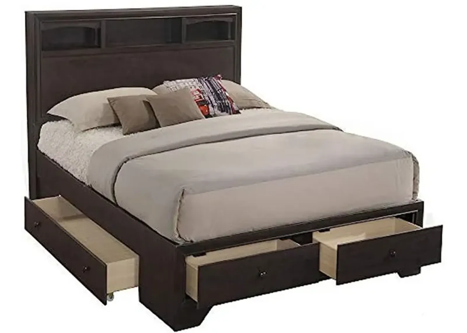 Queen Size Bed with 4 Storage Drawers, Bookcase Headboard, Walnut Brown-Benzara