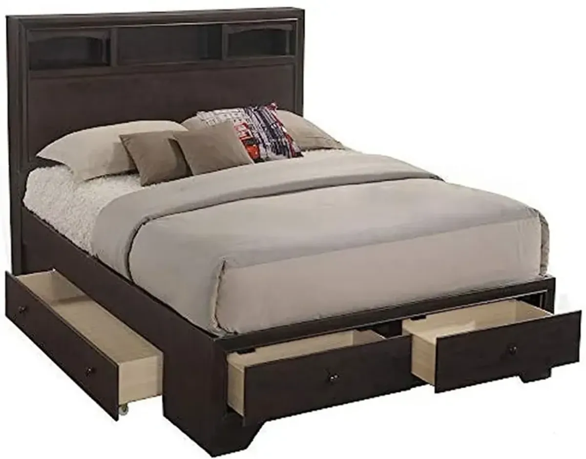 Queen Size Bed with 4 Storage Drawers, Bookcase Headboard, Walnut Brown-Benzara