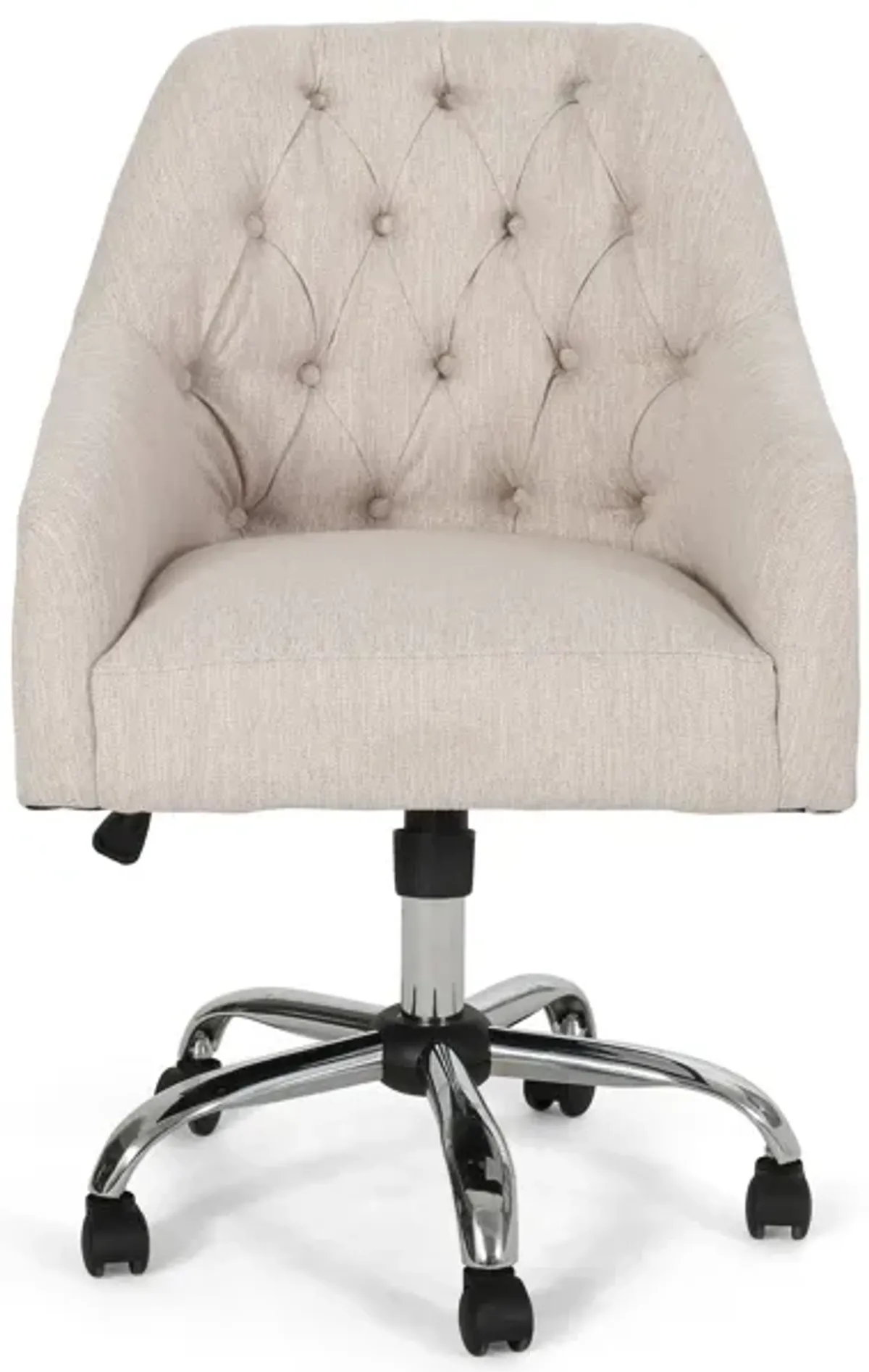 Nysa Swivel Office Chair, Tufted Beige Fabric, Chrome Steel -Benzara