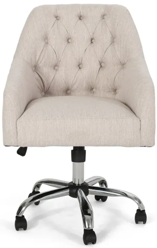 Nysa Swivel Office Chair, Tufted Beige Fabric, Chrome Steel - Benzara