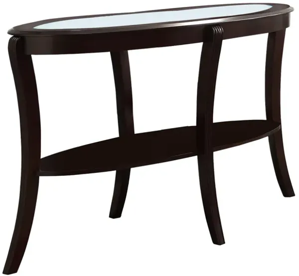 Oval Top Wooden Sofa Table with Glass Insert and Open Shelf, Espresso Brown-Benzara