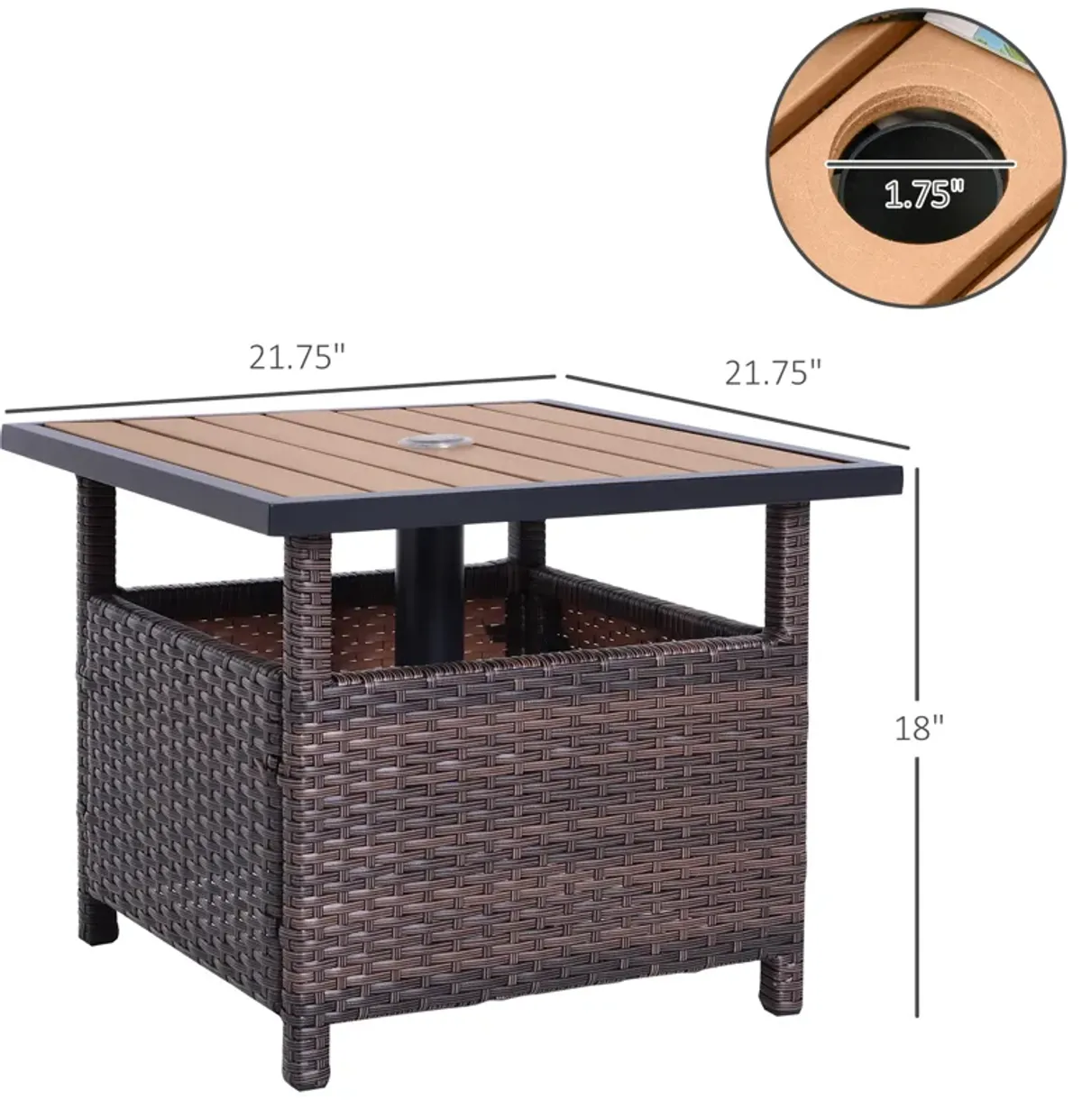 Outsunny 22'' Rattan Wicker Side Table with Steel Frame, Umbrella Insert Hole, Sand Bag for Outdoor, Patio, Garden, Backyard, Brown