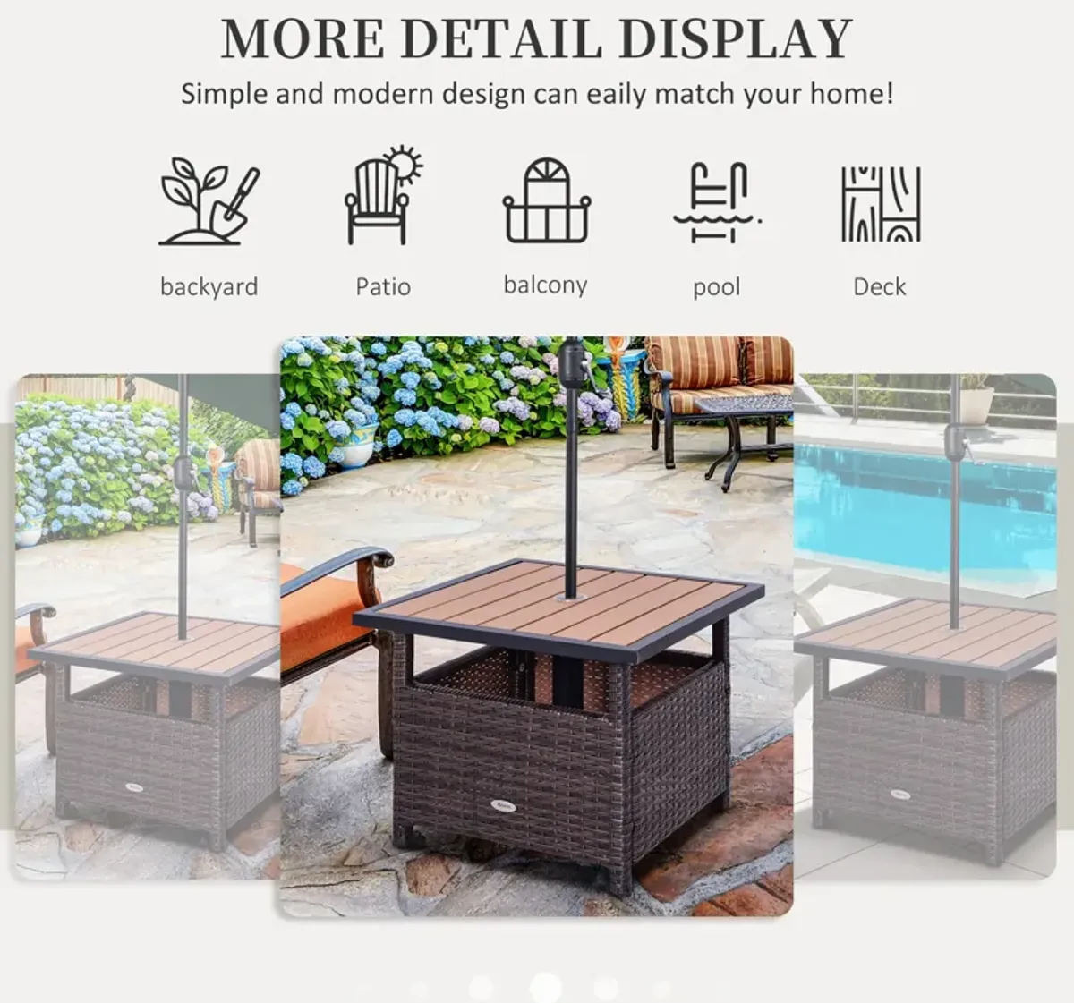 Outsunny 22'' Rattan Wicker Side Table with Steel Frame, Umbrella Insert Hole, Sand Bag for Outdoor, Patio, Garden, Backyard, Brown