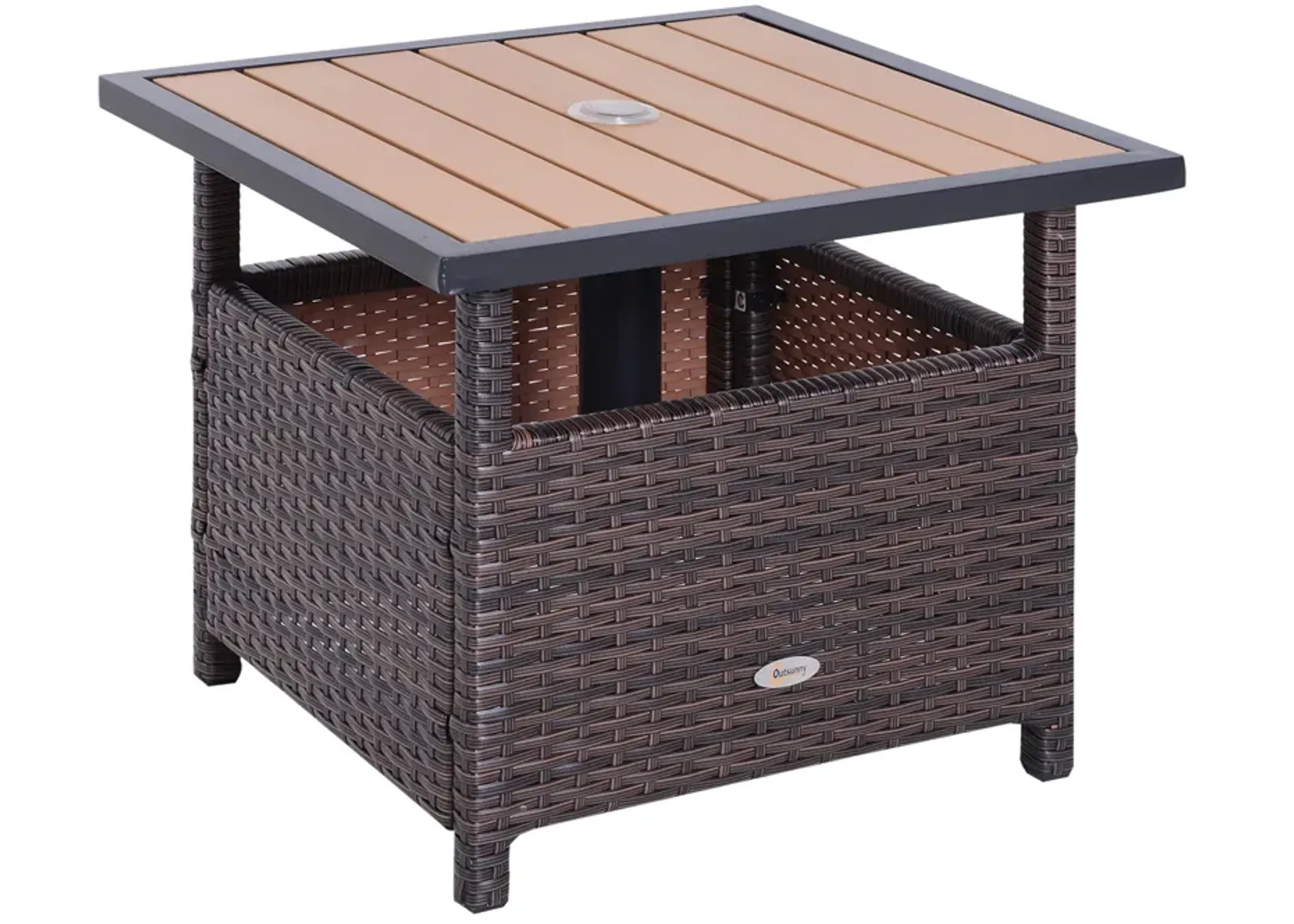 Outsunny 22'' Rattan Wicker Side Table with Steel Frame, Umbrella Insert Hole, Sand Bag for Outdoor, Patio, Garden, Backyard, Brown