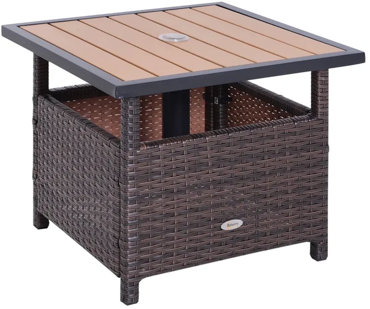 Outsunny 22'' Rattan Wicker Side Table with Steel Frame, Umbrella Insert Hole, Sand Bag for Outdoor, Patio, Garden, Backyard, Brown