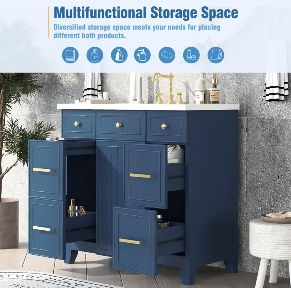 Gewnee 36" Bathroom Vanity Cabinet with Sink,Shaker Cabinetin Navy Blue or white