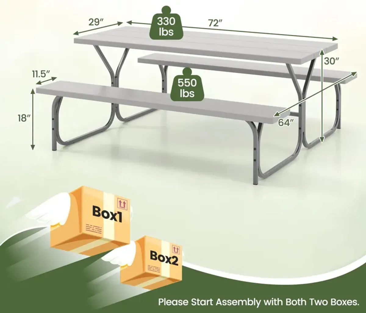 6 Feet Picnic Table Bench Set with HDPE Tabletop for 8 Person