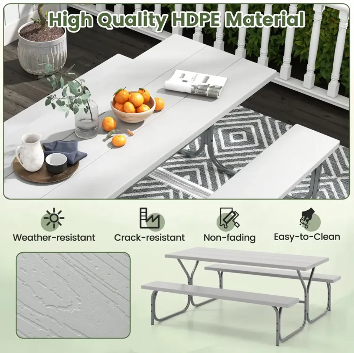 6 Feet Picnic Table Bench Set with HDPE Tabletop for 8 Person