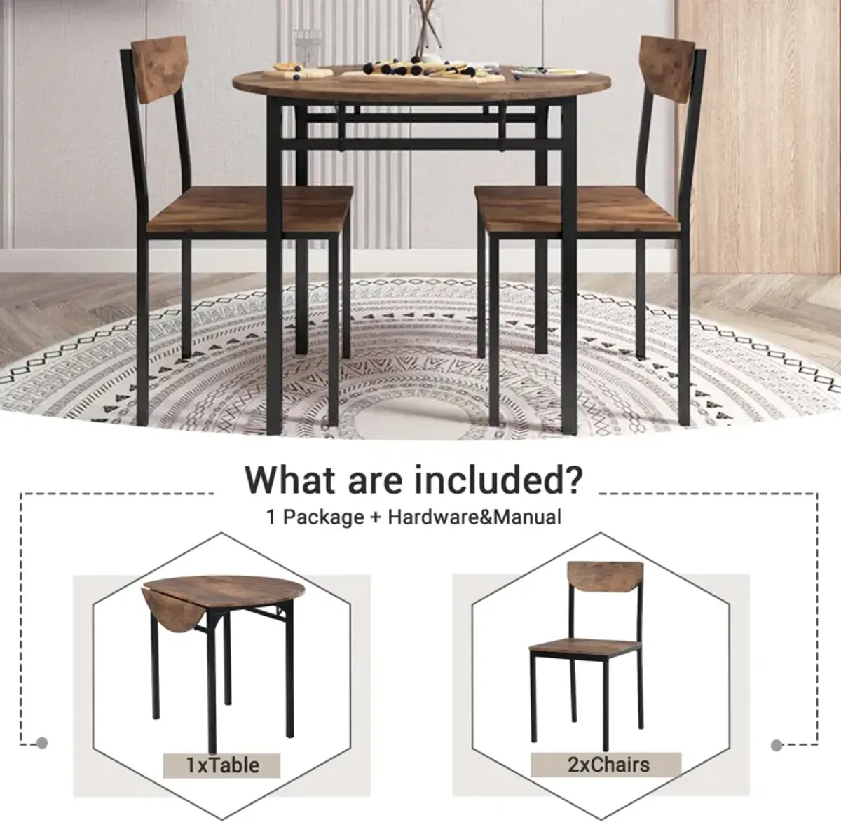 3-Piece Dining Set with Drop Leaf and 2 Chairs