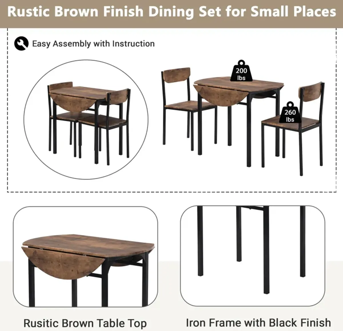 3-Piece Dining Set with Drop Leaf and 2 Chairs