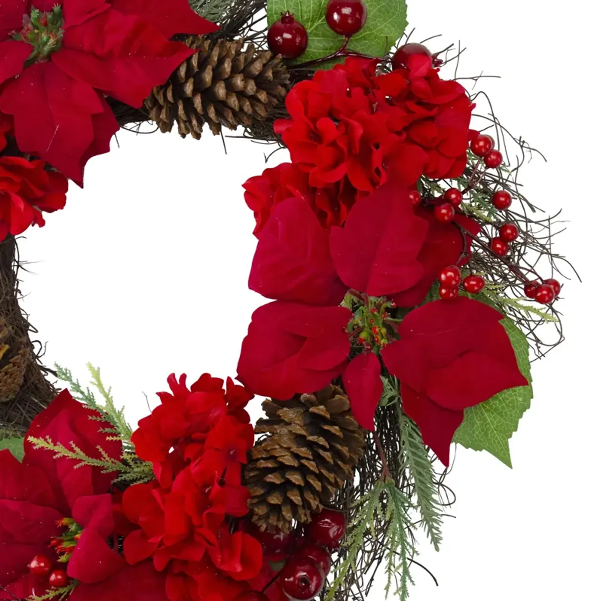 Red Poinsettia and Hydrangea Flowers with Berries Artificial Christmas Wreath - 24-Inch  Unlit