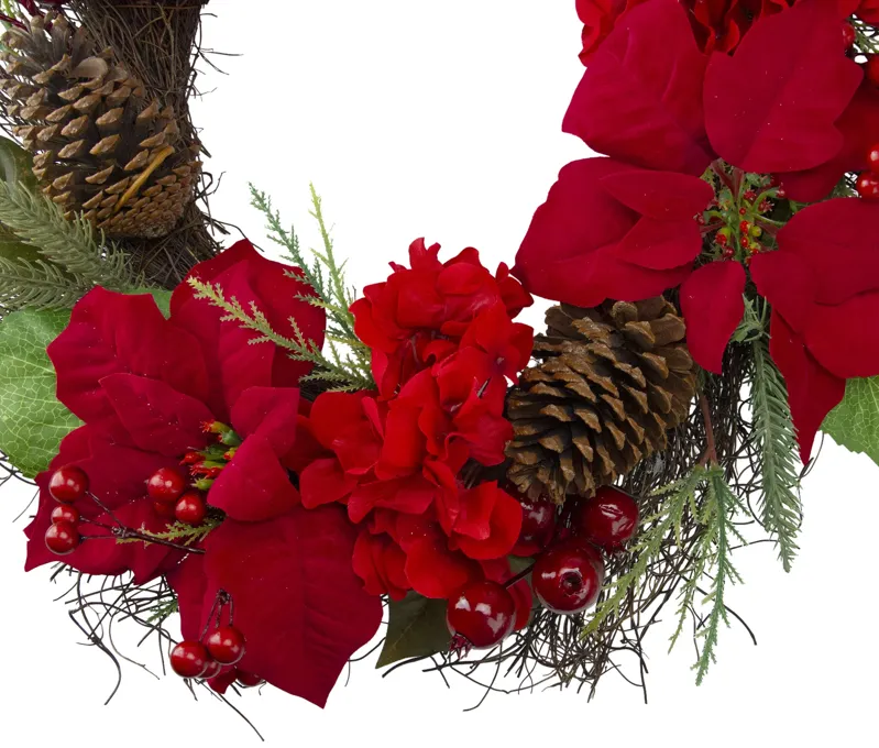 Red Poinsettia and Hydrangea Flowers with Berries Artificial Christmas Wreath - 24-Inch  Unlit