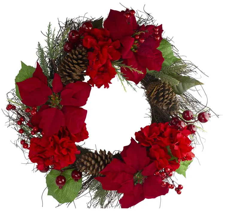 Red Poinsettia and Hydrangea Flowers with Berries Artificial Christmas Wreath - 24-Inch  Unlit