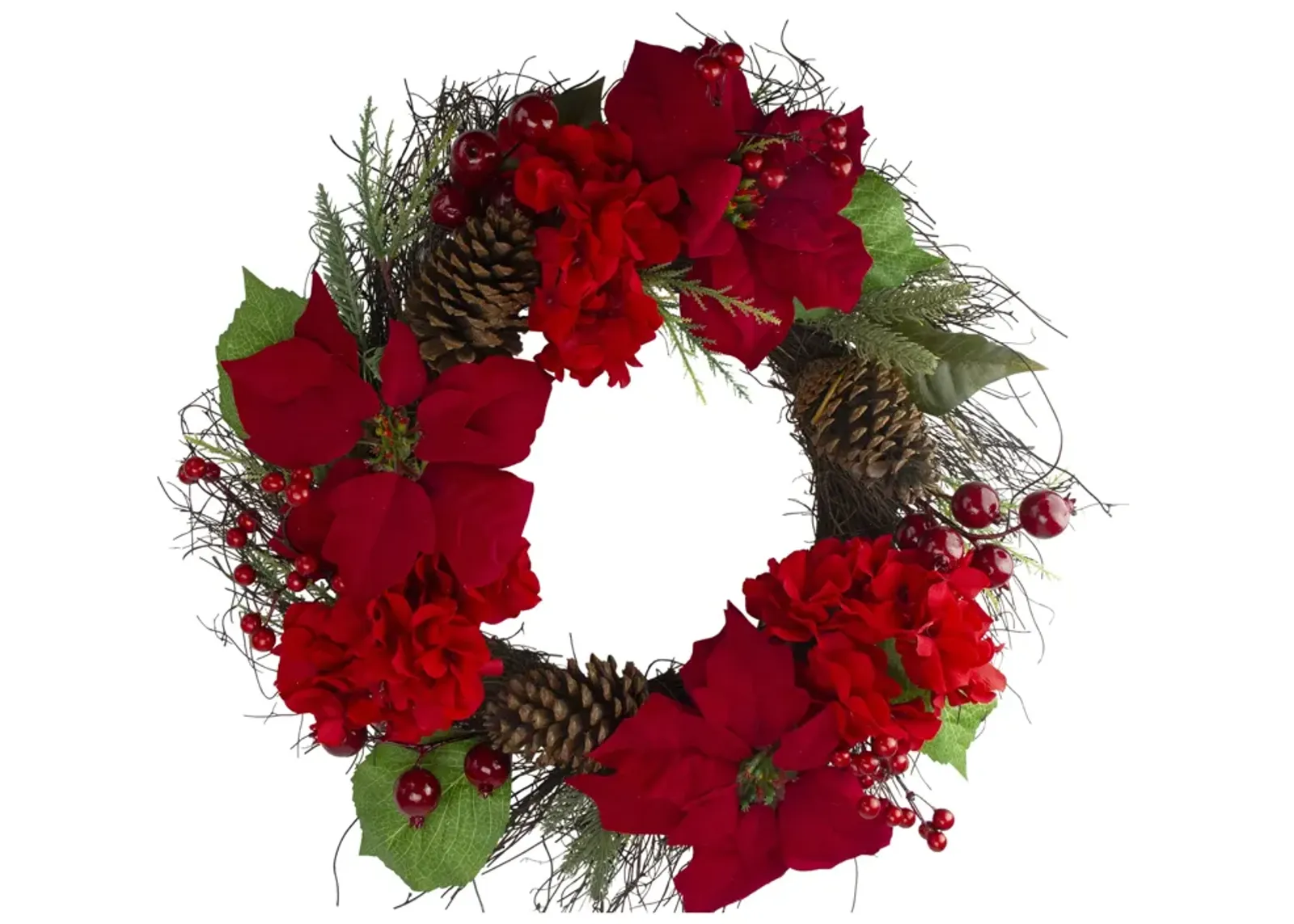 Red Poinsettia and Hydrangea Flowers with Berries Artificial Christmas Wreath - 24-Inch  Unlit