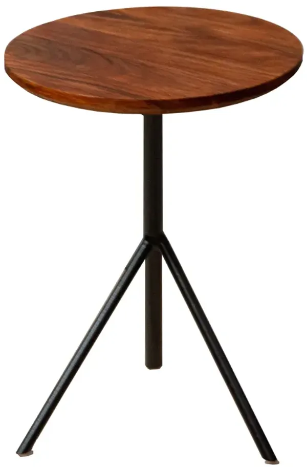 19 Inch Handcrafted Round Acacia Wood End Side Table, Sleek Tripod Metal Base, Walnut Brown, Black-Benzara