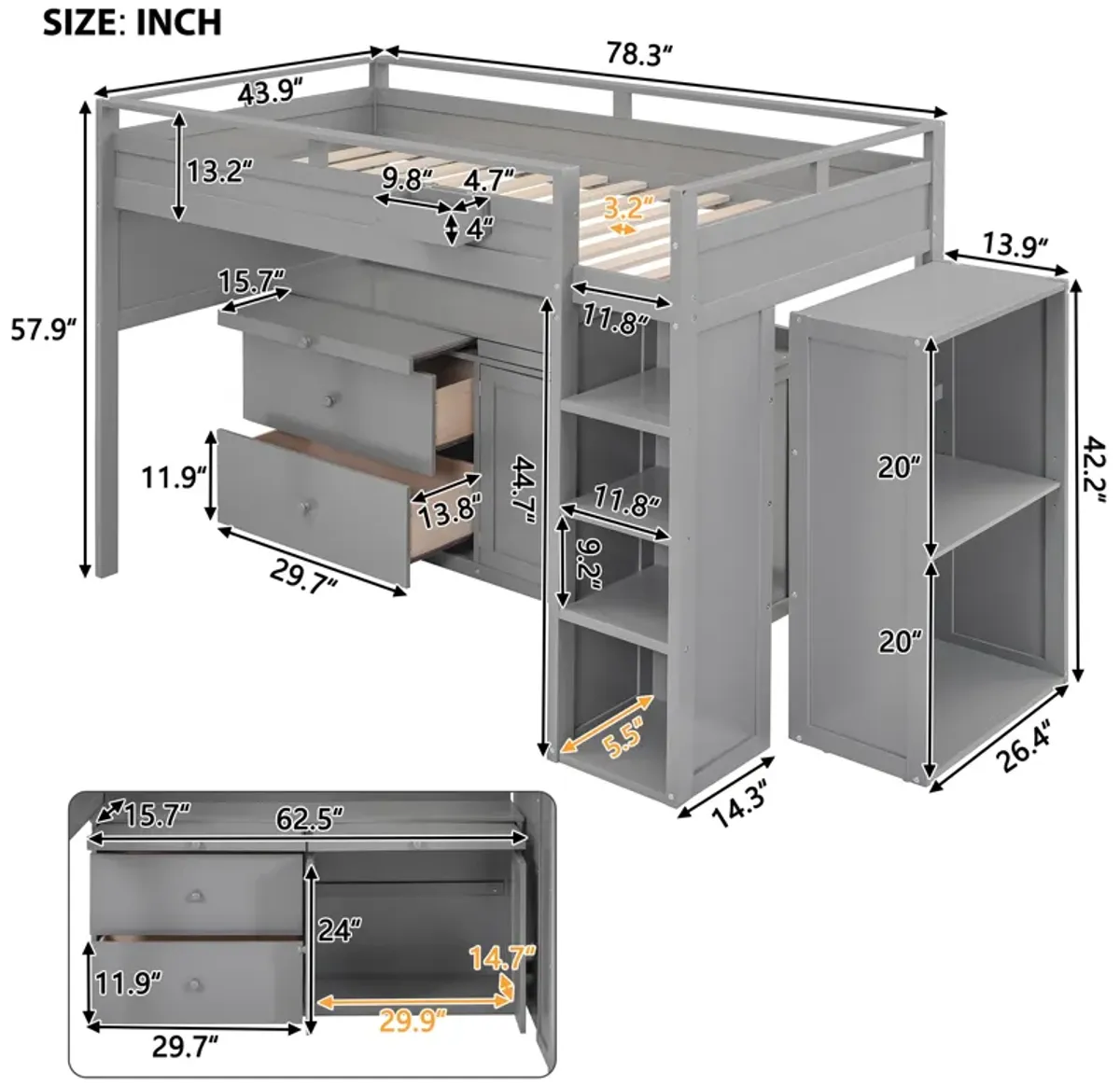 Merax Loft Bed with Rolling Cabinet and Desk