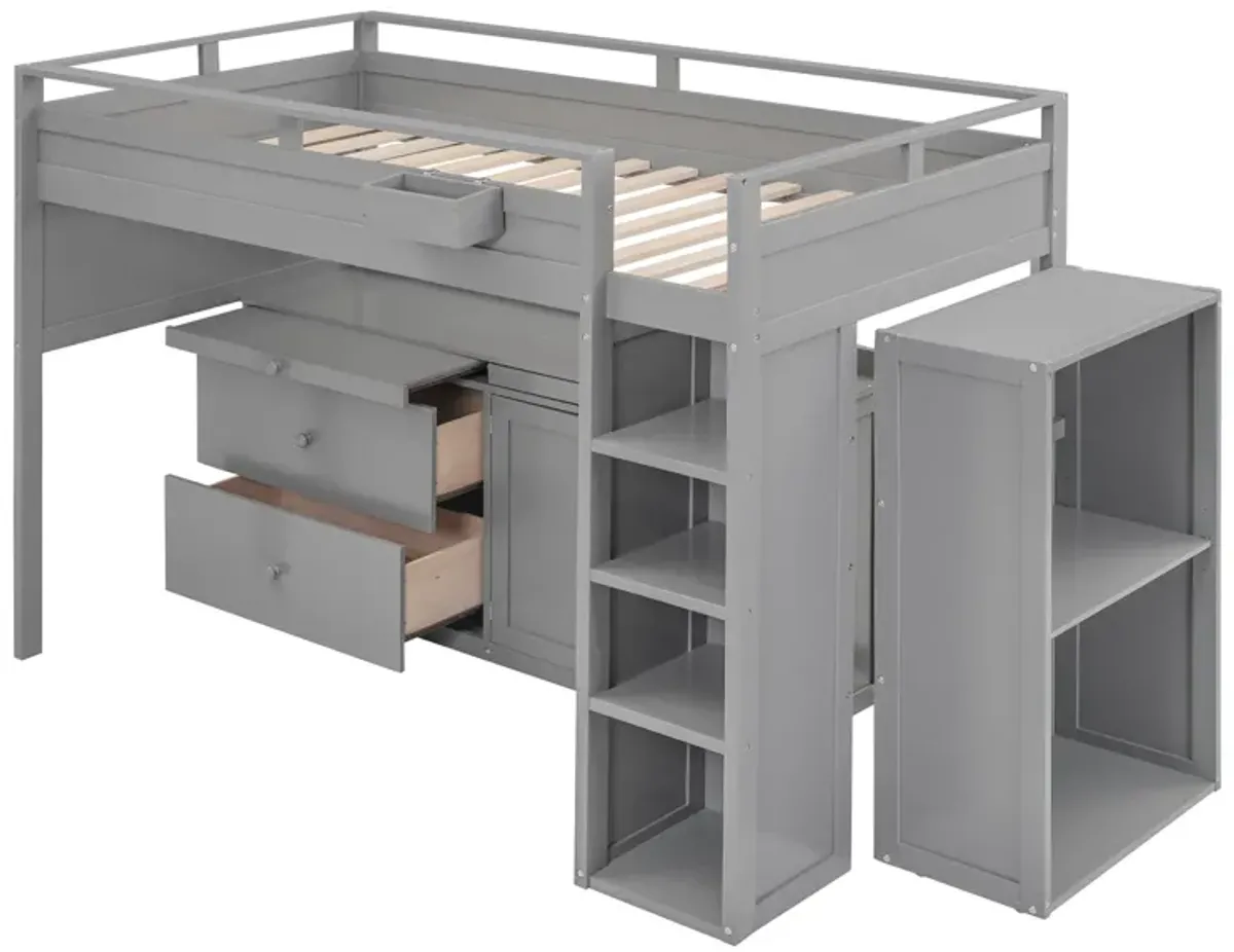 Merax Loft Bed with Rolling Cabinet and Desk