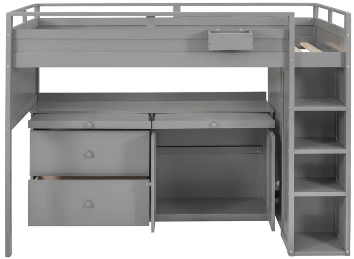 Merax Loft Bed with Rolling Cabinet and Desk