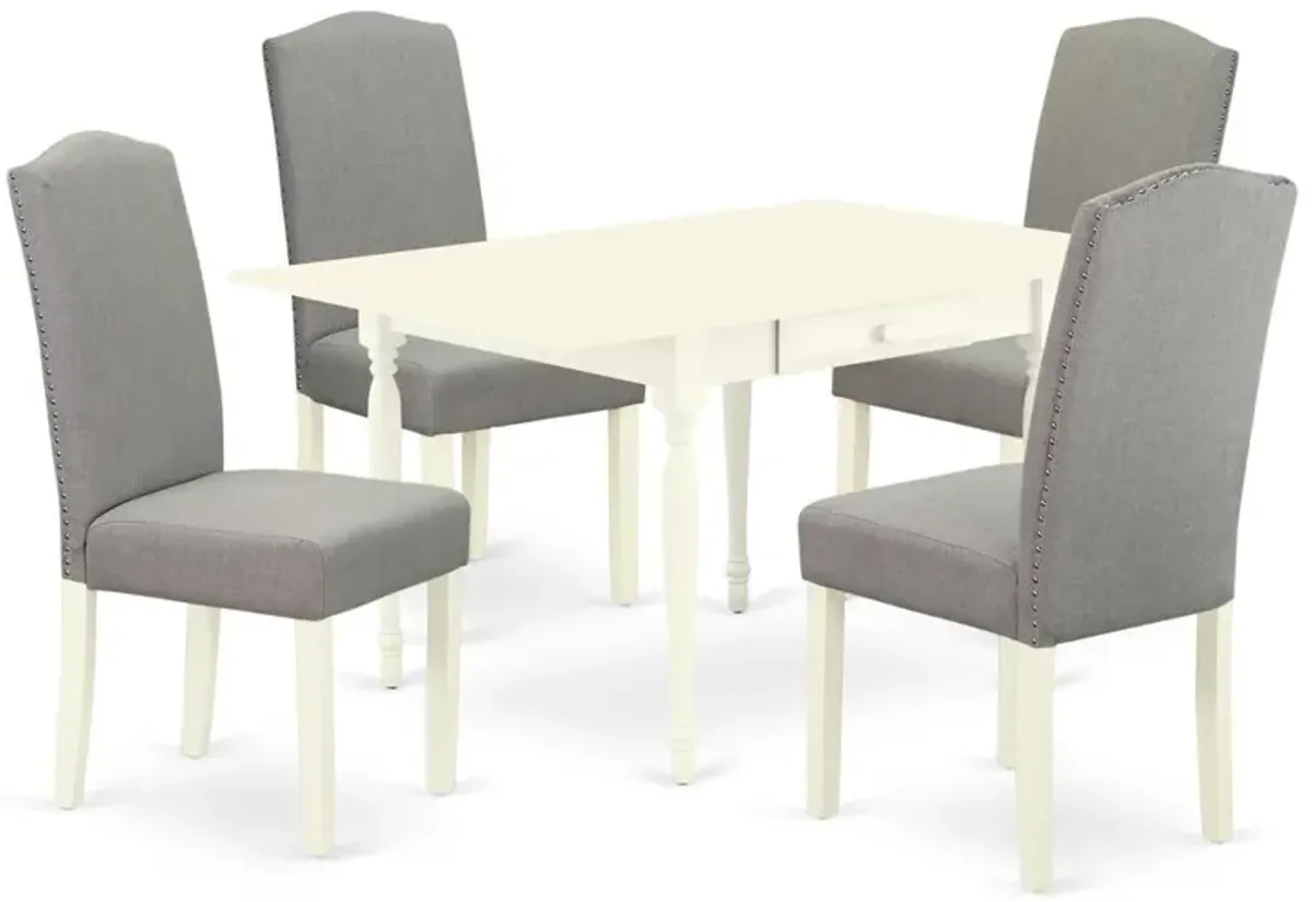 1MZEN5-LWH-06 5Pc Modern Dining Table Set Contains a Wood Dining Table and 4 Parsons Chairs with Shitake Color Linen Fabric, Drop Leaf Table with Full Back Chairs, Linen White Finish