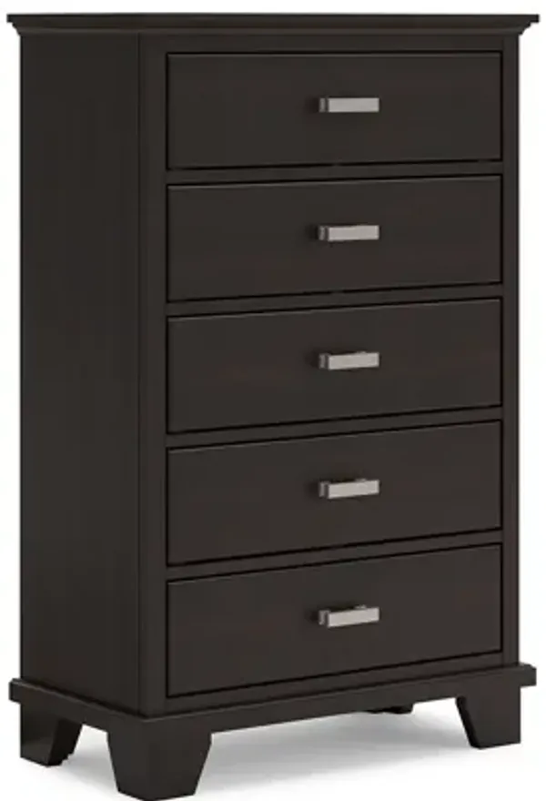 Teno Tall Dresser Chest, 5 Drawers, Nickel, Dark Brown Solid Hardwood - Benzara