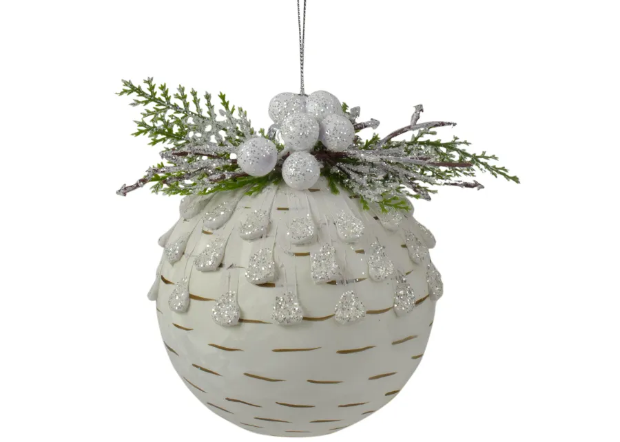 4-Inch Cedar and Berries White Glass Christmas Ornament