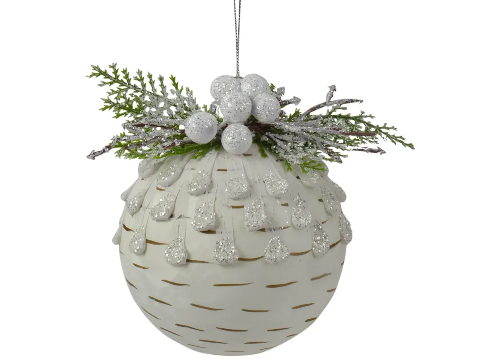 4-Inch Cedar and Berries White Glass Christmas Ornament