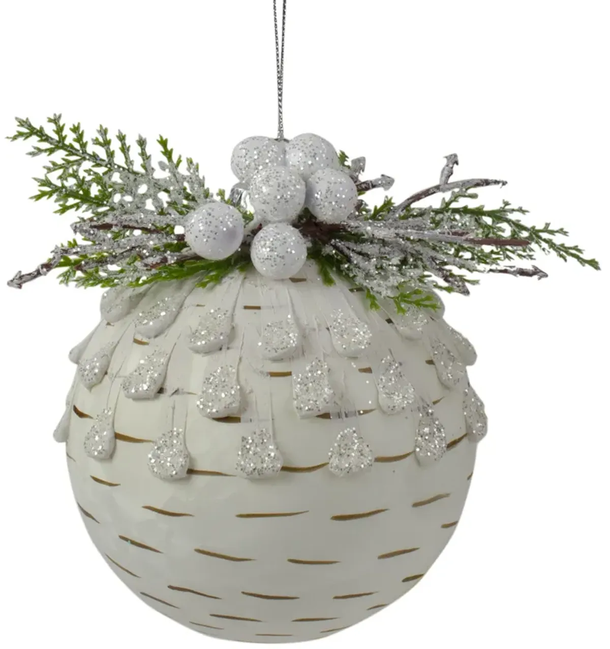 4-Inch Cedar and Berries White Glass Christmas Ornament