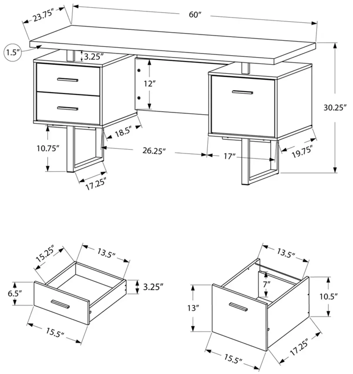 Monarch Specialties Computer Desk, Home Office, Laptop, Left, Right Set-Up, Storage Drawers, 60"L, Work, Metal, Laminate, Brown, Grey, Contemporary, Modern