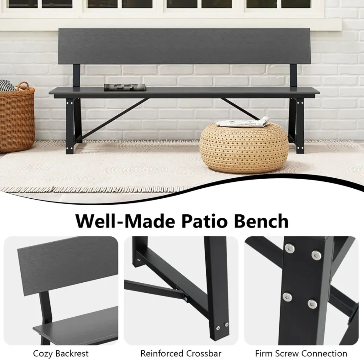 72 Inch Extra Long Bench with All-Weather HDPE Seat & Back for Yard Garden Porch