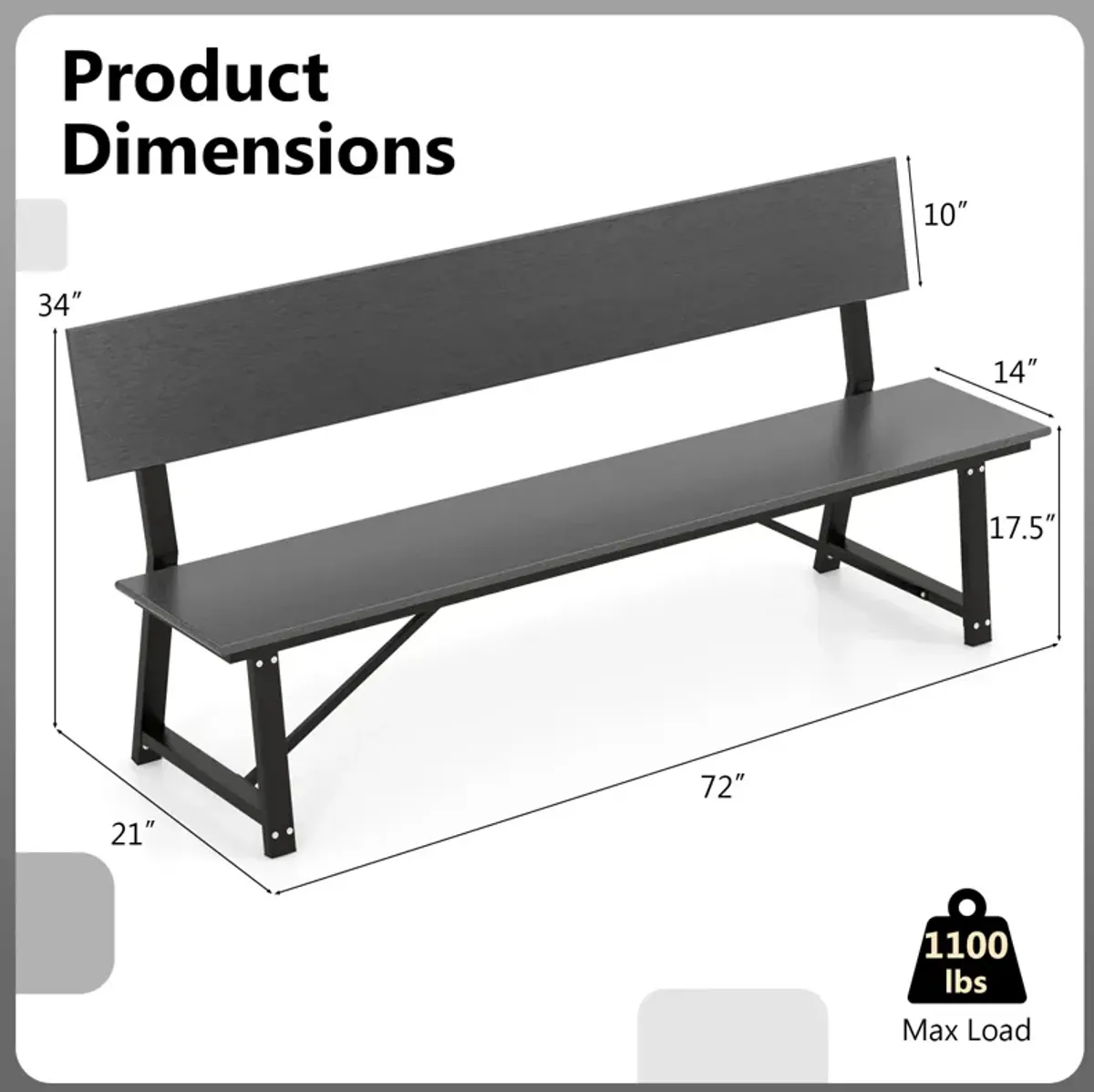 72 Inch Extra Long Bench with All-Weather HDPE Seat & Back for Yard Garden Porch