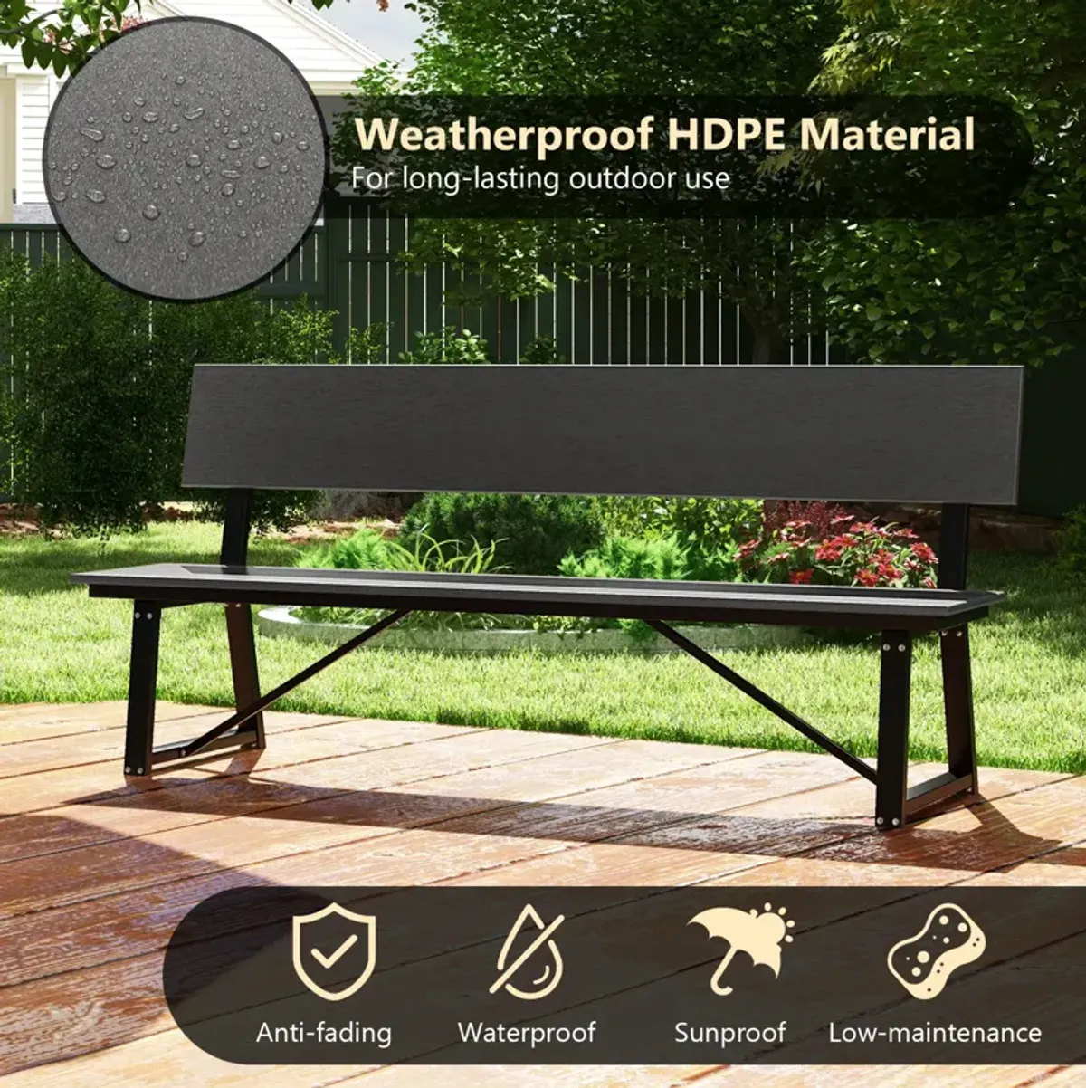 72 Inch Extra Long Bench with All-Weather HDPE Seat & Back for Yard Garden Porch