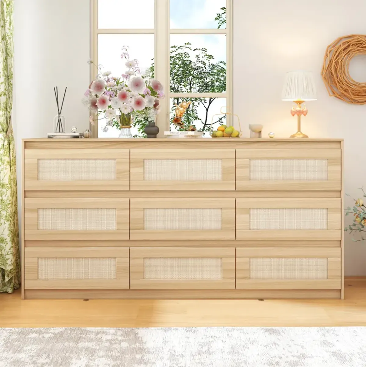 FUFU&GAGA 9-Drawer Dresser with Woven Rattan Panels, Modern Storage Cabinet (62.9" W x 15.7" D x 31.9" H), Brown