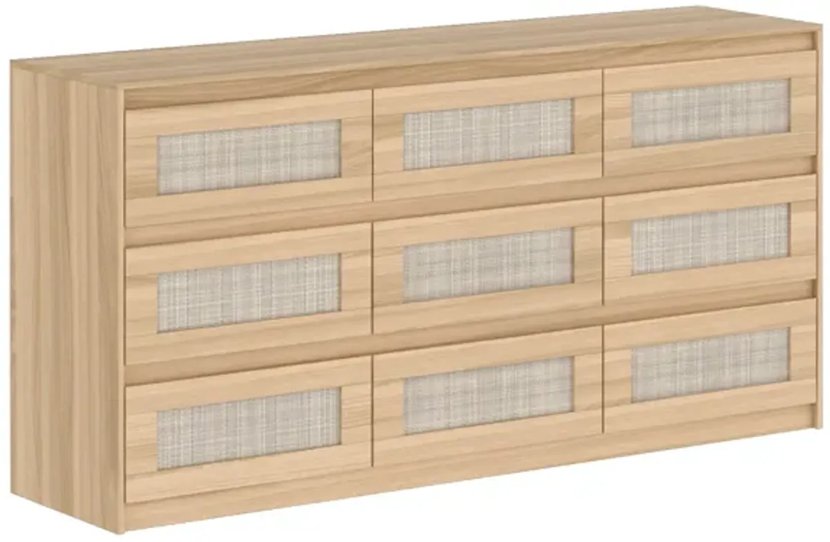 FUFU&GAGA 9-Drawer Dresser with Woven Rattan Panels, Modern Storage Cabinet (62.9" W x 15.7" D x 31.9" H), Brown