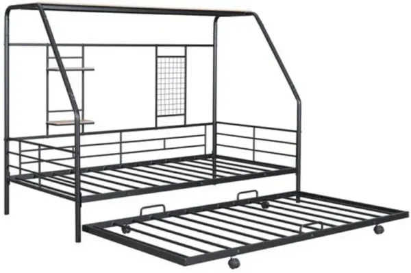 House Bed Frame with Trundle Space-Saving Montessori Wooden Bed for Kids & Toddlers