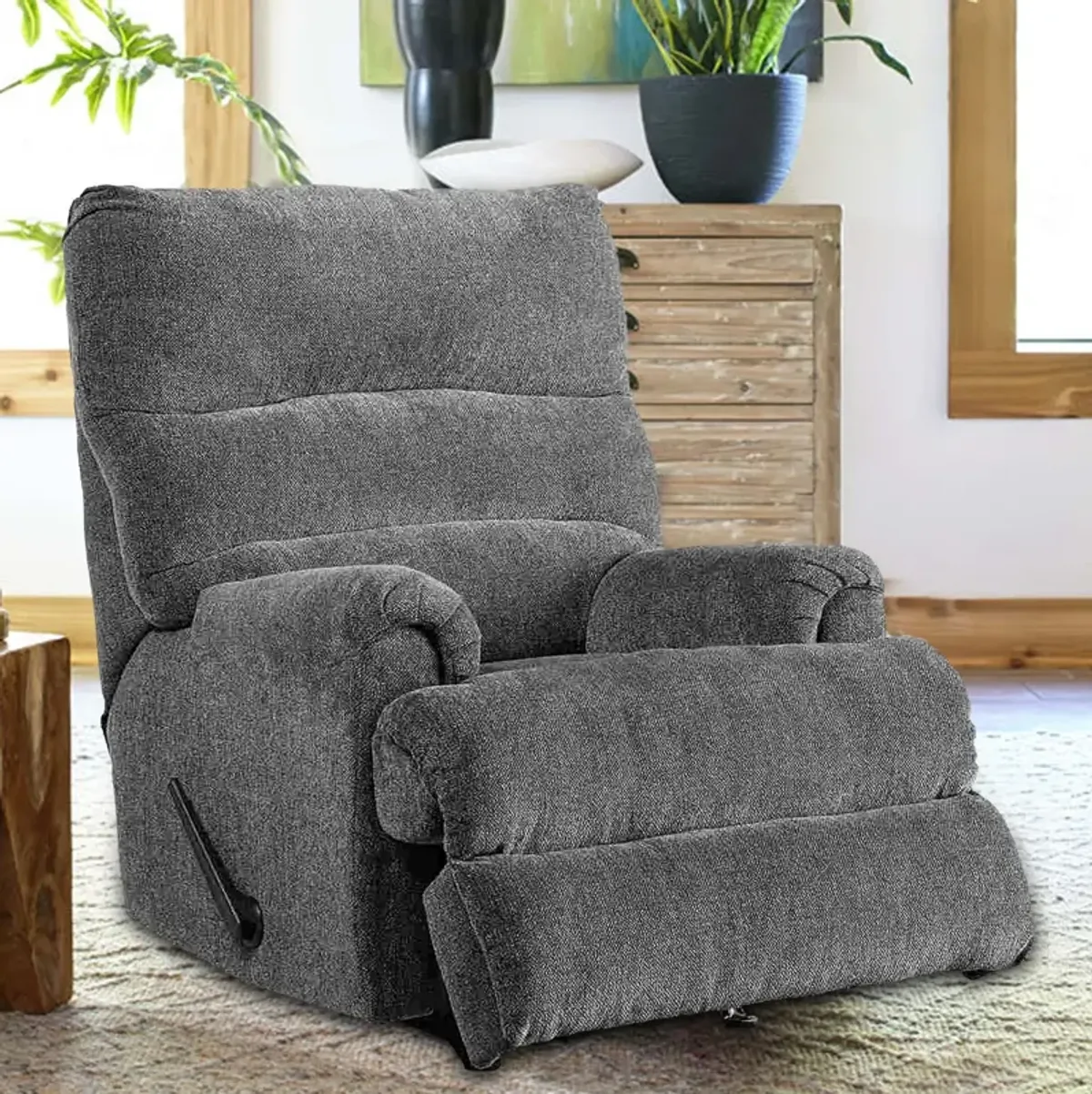 Manual Rocker Recliner with Fabric and Pull Lever, Gray-Benzara