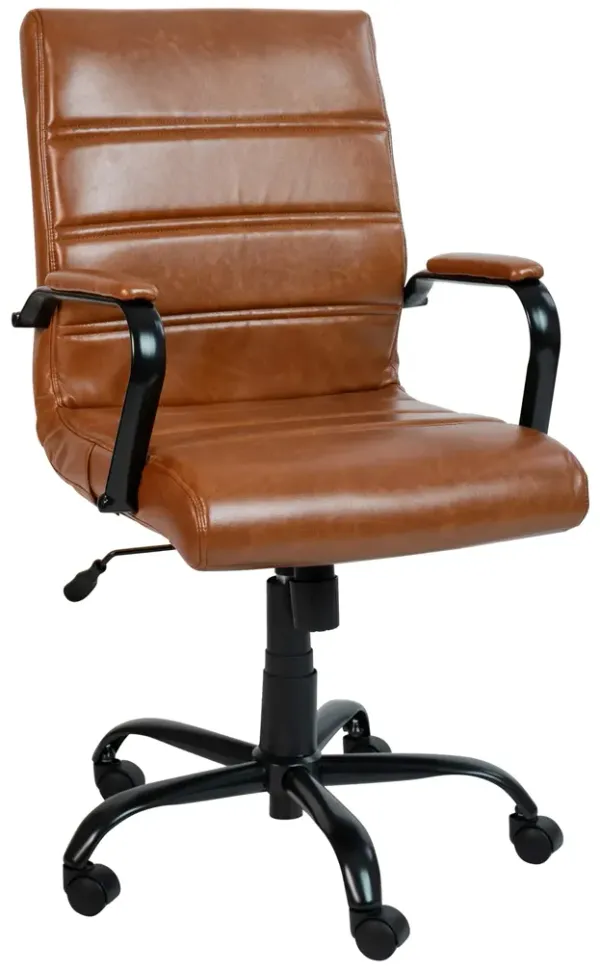 Flash Furniture Whitney Mid-Back Swivel Leather Desk Chair with Padded Seat and Armrests, Adjustable Height Padded Leather Office Chair, Brown/Black