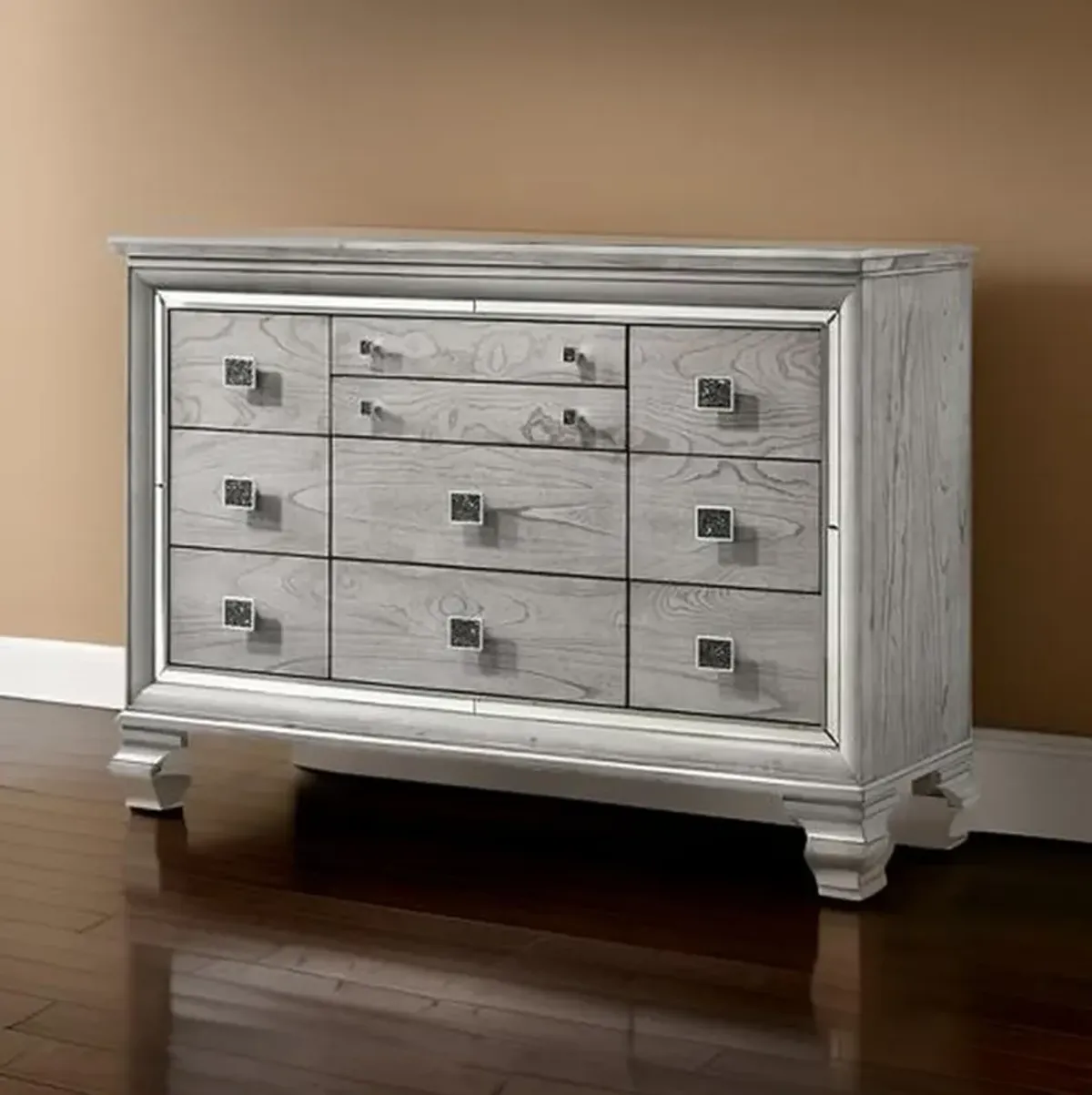 Beaded Wooden Frame Dresser with 10 Drawers, Gray and Silver