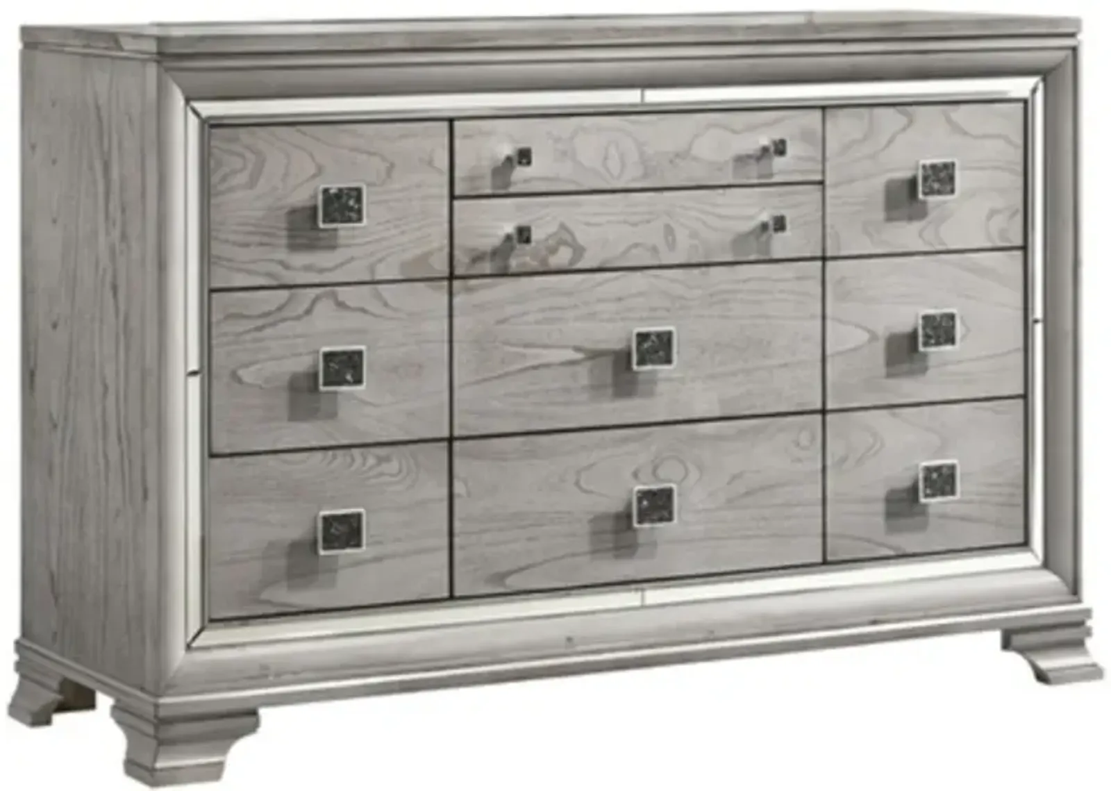 Beaded Wooden Frame Dresser with 10 Drawers, Gray and Silver