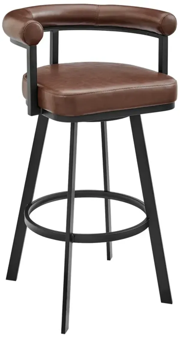 Weni 26 Inch Swivel Counter Stool Chair, Barrel Open Back, Black, Brown - Benzara