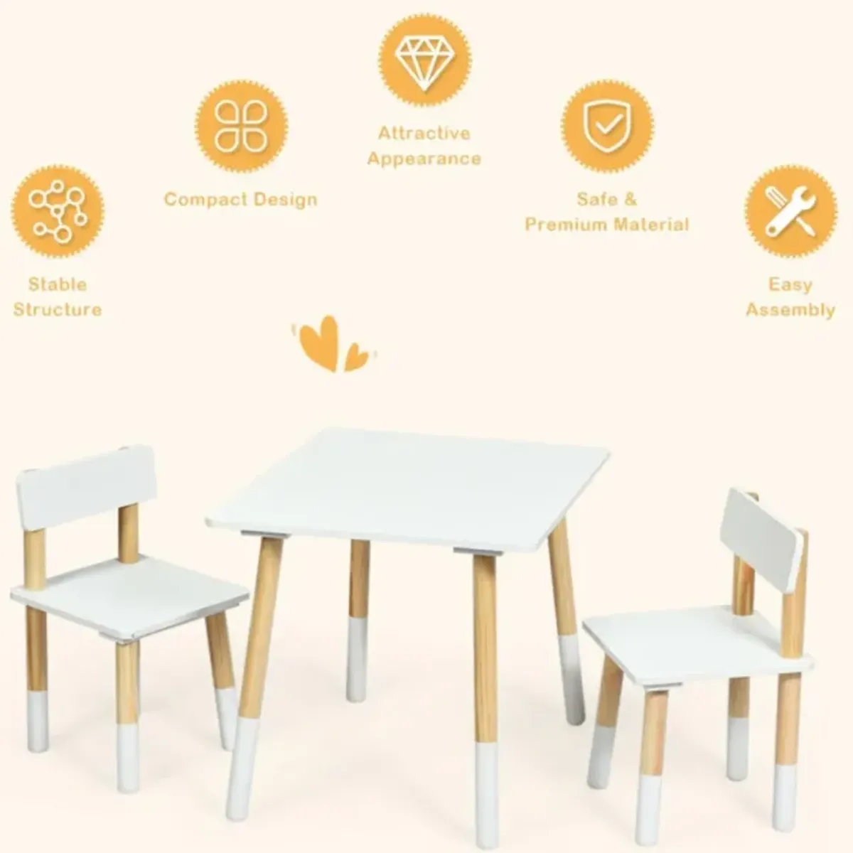 Hivvago Kids Wooden Table and 2 Chairs Set-White