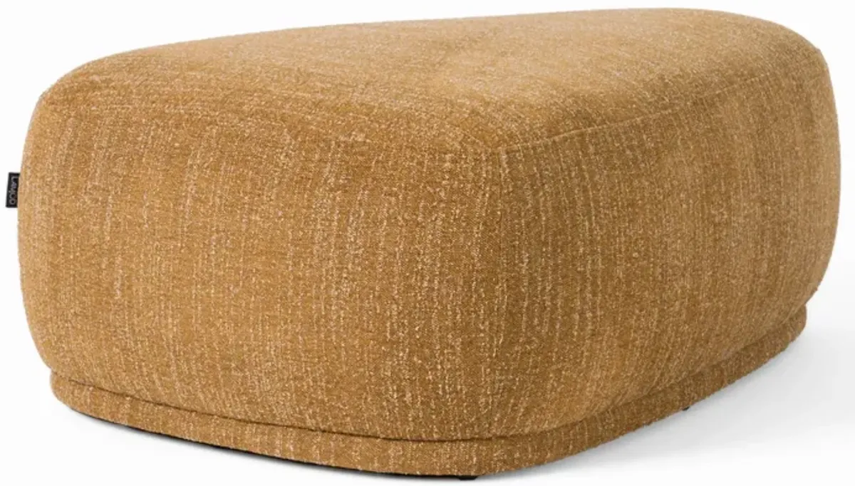 Reno Kini 44 Inch Ottoman, River Rock Shape, Yellow Polyester, Wood Frame - Benzara