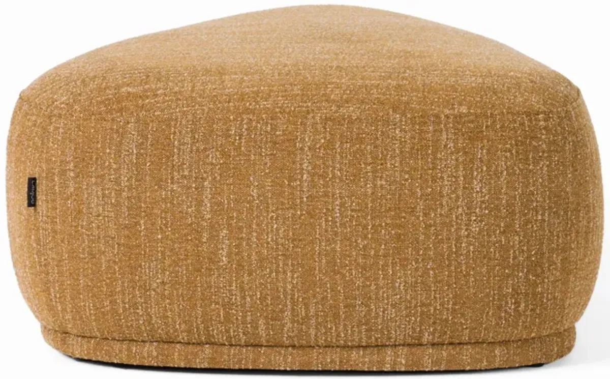 Reno Kini 44 Inch Ottoman, River Rock Shape, Yellow Polyester, Wood Frame - Benzara