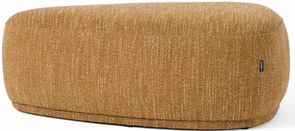 Reno Kini 44 Inch Ottoman, River Rock Shape, Yellow Polyester, Wood Frame - Benzara