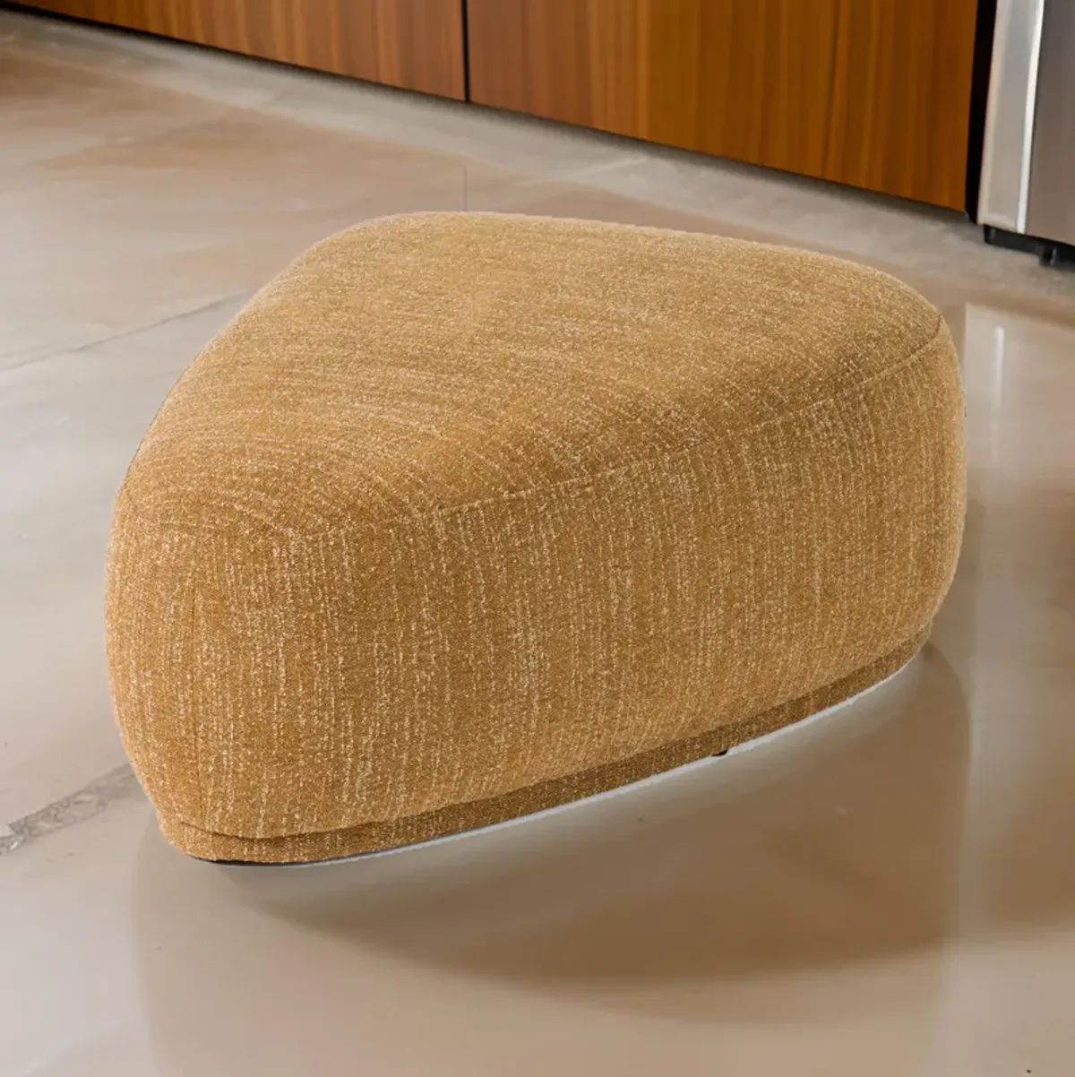 Reno Kini 44 Inch Ottoman, River Rock Shape, Yellow Polyester, Wood Frame - Benzara