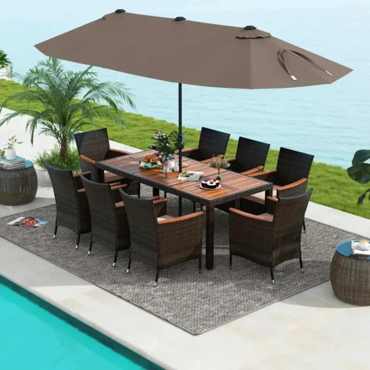 Hivvago 11 Pieces Patio Dining Set with 15 Feet Double-Sided Patio Umbrella and Base