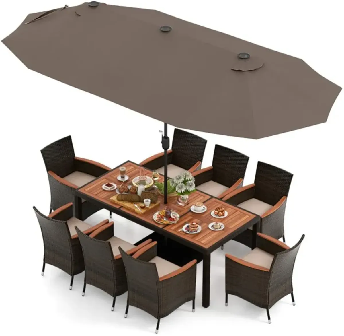 Hivvago 11 Pieces Patio Dining Set with 15 Feet Double-Sided Patio Umbrella and Base